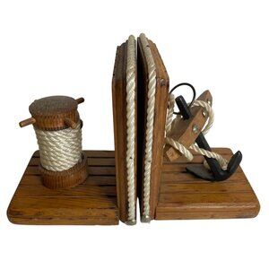 Nautical-Themed Wooden Bookends Anchor Rope Ships Wheel Maritime Sea Life Ocean